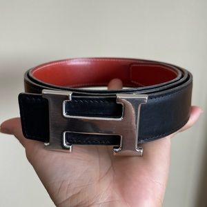 Hermes 32mm H Silver Buckle Reversible Unisex Belt Size 90 Black Red-orange